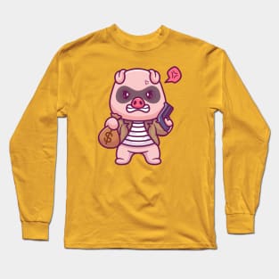 Cute Pig Thief Holding Money And Gun Cartoon Long Sleeve T-Shirt